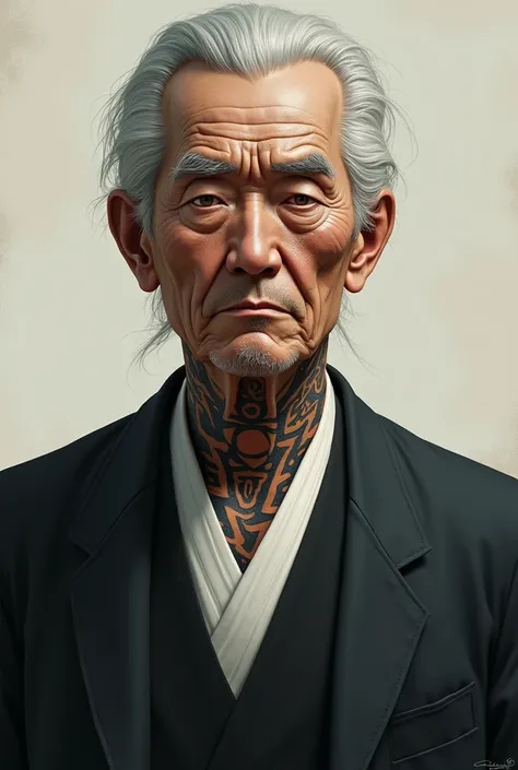 Make an old man with a tattoo on his neck in a suit named Yono Fuui