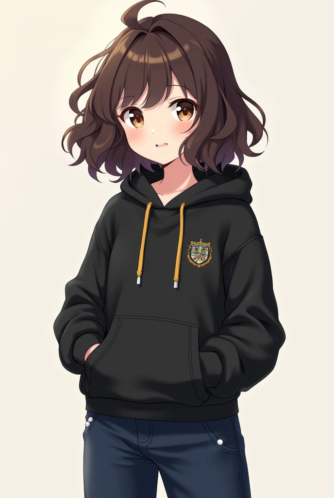 Girl with curly and brown hair a little short brown eyes and a black hoodie with uniform type and navy blue pants bell anime type 