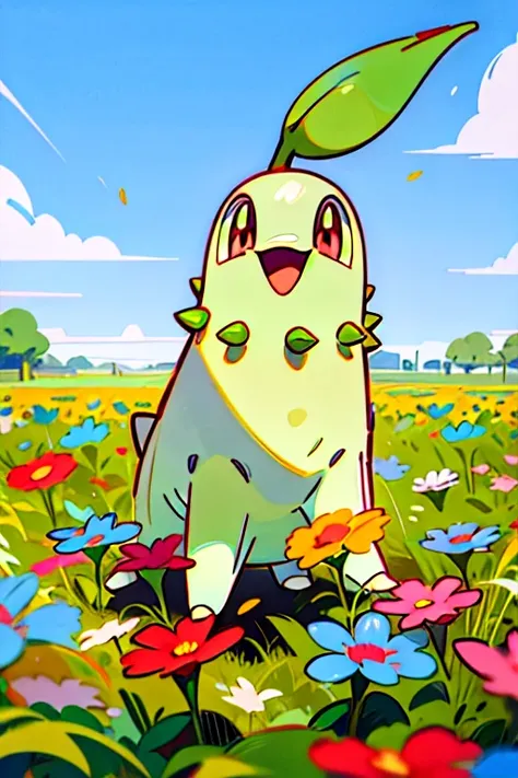 illustration,  pokémon　chicorita ,  happy , blue sky, flower field background,