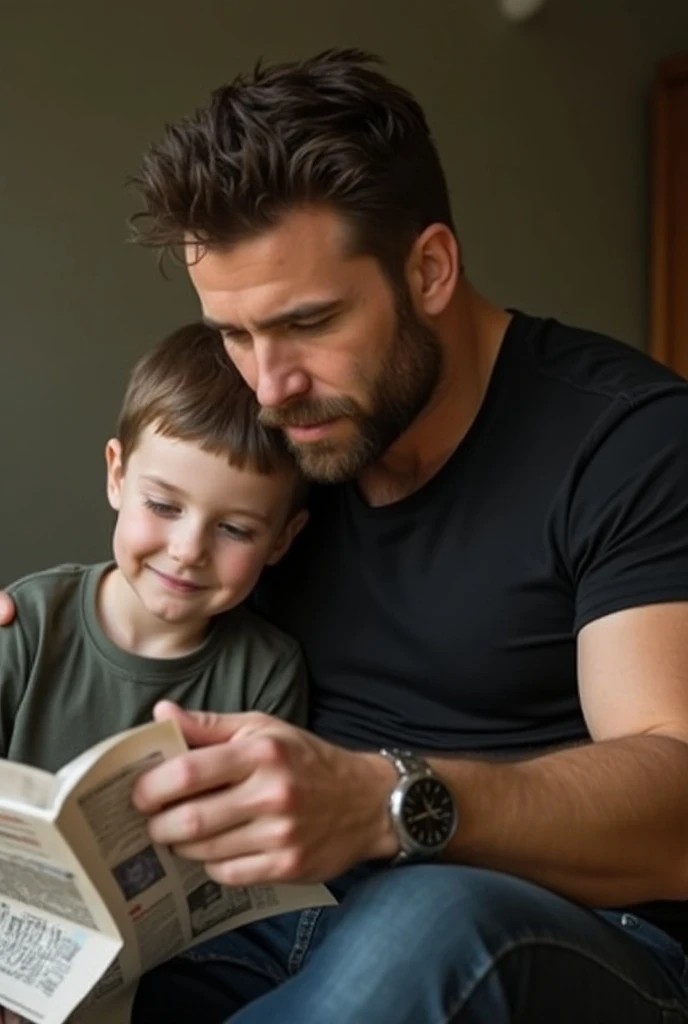 Chris Evans wearing black t shirt shot sleeves all black with stainless steel watch reading newspaper with a young boy next to him cuddling