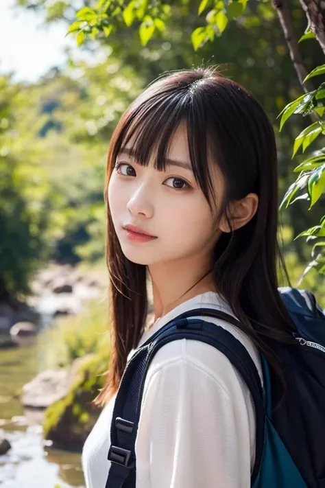  Japanese woman like an idol ,Long Hair , straight hair, Round face , bust up , Nature Reserve Street, majestic trees, sunlight, wildflowers, beautiful woman, earth-toned attire, hiking gear, backpack, tranquility, birds, crystal-clear stream, sanctuary, p...