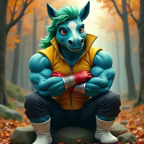  A blue muscular furry horse with a green mane in silver bracelets, In white boots, in black pants, in a yellow zippered sleeveless sweater , wearing red gloves, he sits on a rock with arms crossed over his chest in the autumn forest