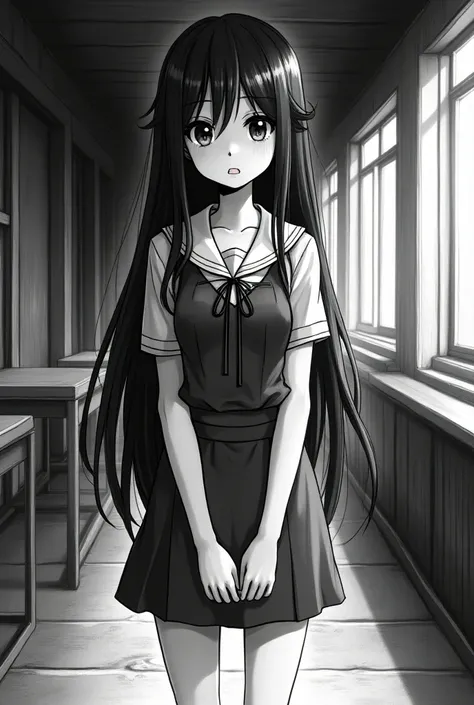 1girl, Long Hair, Open Mouth, 160 cm higth 50 kg weigth slim and shy girl, bigger eyes and sexy submissive, drowe black and white manga style, school dress full body