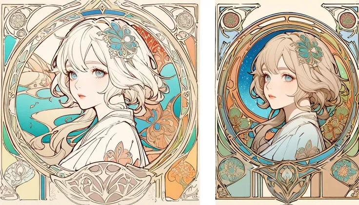 "Genshin, Light hair, Book pages Colorful art, White background, line-drawing, clean line drawings, Nature-themed colored mandalas, Simple and clean lineart, Coloring book page, Art Nouveau décor, Brushstrokes by Alphonse Mucha, Perfect intricate details, ...