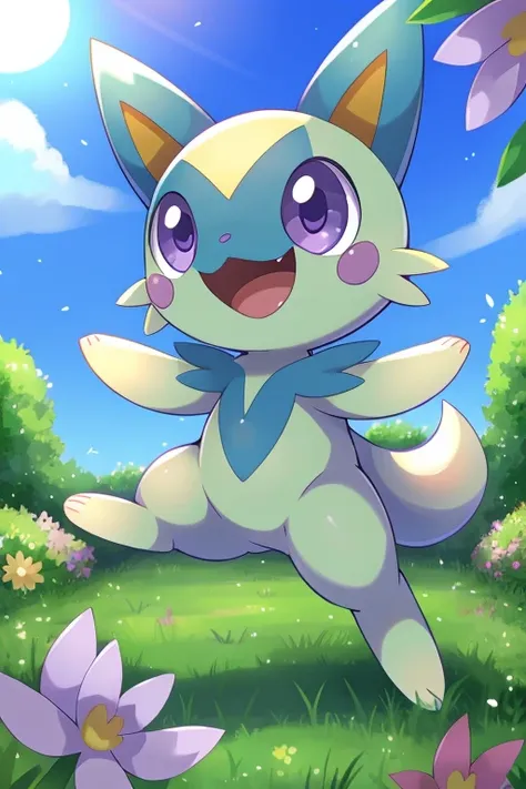 high quality,  purple eyes,  pokémon,   garden background , alone, scalpel,  happy ,  open your mouth ,