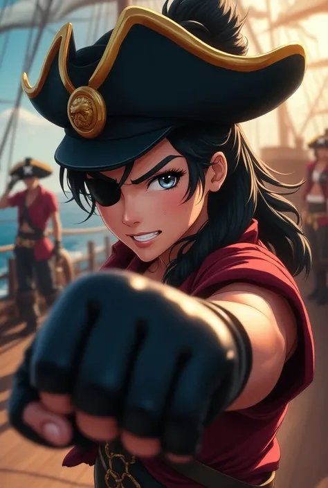 (Amazing. Super high quality. So beautiful. Super detailed. Perfect face. Perfect eyes. Perfect anatomy. Masterpiece. Incredible. Perfect lighting. Dynamic perspective. Like a scene from a movie. High resolution). Japanese anime style. Pirate ship deck. Pi...