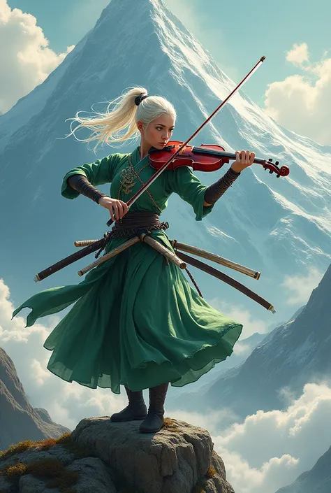  A Japanese samurai warrior with three swords on her hip , plays a violin  ,  has platinum white blonde hair ,  green eyes and dances on a mountain and the music notes fly like blades