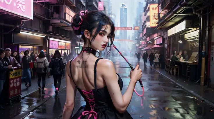 Dark gothic backless Lolita dress。
Live the life of Riley，It is full of futuristic technology。
The scenery is bathed in the rain。
"Black gothic style crutch in hand，Neon signs flashing in the streets，The streets under the umbrella are filled with a unique ...