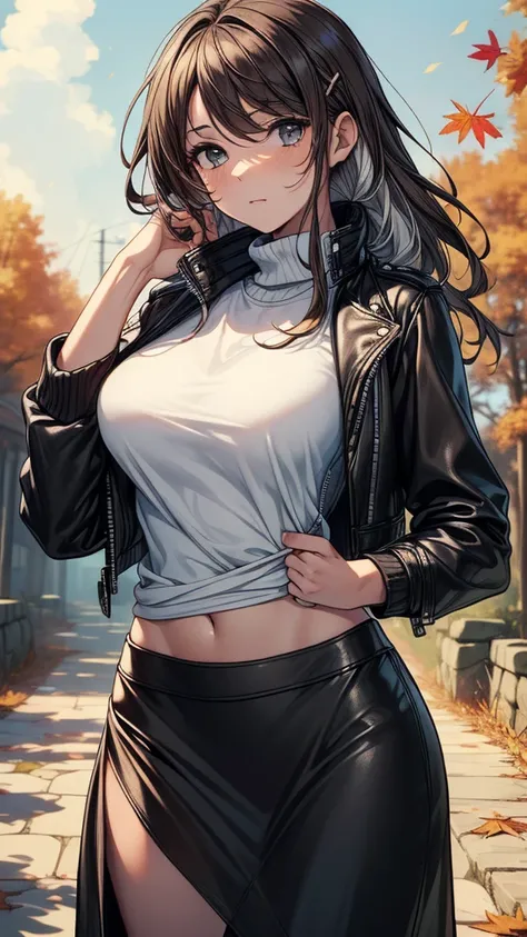 ((((masterpiece, best quality:1.8, high detail)))), beautiful woman, looking at viewer, shy, solo focus, long hair, (white hair), (hairpin), ((brown leather jacket, sweatshirt)), (((long black skirt))), boots, slim body, fall, stone path, (autumn leaves), ...