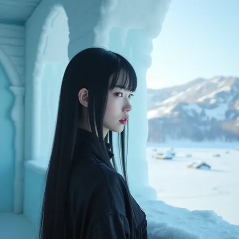 asian black hair bangs, hime haircut, straight long hair, ice cold queen, attractive figure in an ice hotel, balcony, view of kingdom, square picture realistic