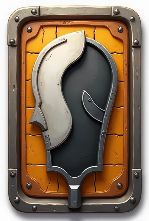  game icon style,1 icon ,Cartoon-like realistic style , Alice in Wonderland style , Black metal and white metal overlap each other for about half and have a strong smooth metal frame, looks like a Western board,The metallic material is smooth and has an or...