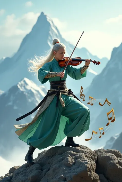  A Japanese samurai warrior with three swords on her hip , plays a violin  ,  has platinum white blonde hair , Green eyes and dances on a mountain and the music notes fly like blades in the background 