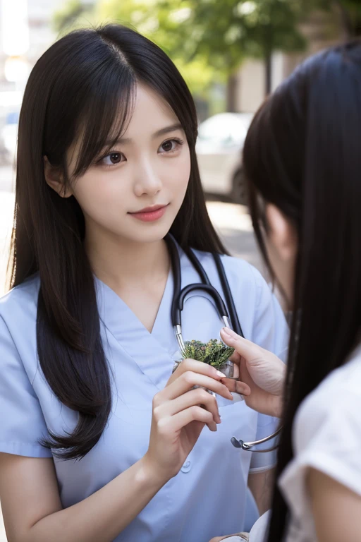  Japanese woman like an idol ,Long Hair , straight hair, Round face , bust up , Medical Center Street, modern medical facilities, state-of-the-art clinics, serene gardens, beautiful woman, healthcare professional, visitor, professional elegance, hope, medi...