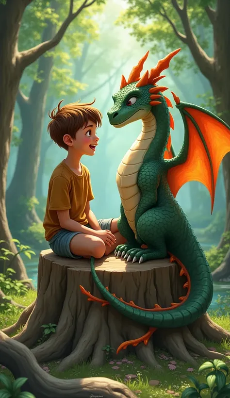 Unlikely Friendship
- Image prompt: "Noah and dragon sitting together on a tree stump, laughing and sharing stories, symbolizing their newfound friendship."