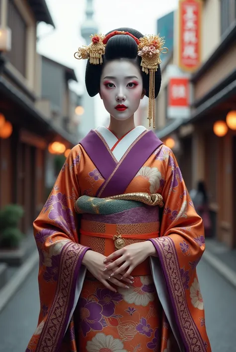 Hyperrealistic portrait of a geisha walking down a typical Tokyo alley. Silk kimono in shades of purple, gold and orange with intricate floral and geometric patterns. Precisely knotted obi. Traditional headdress made with golden hairpins and ornaments. Cla...