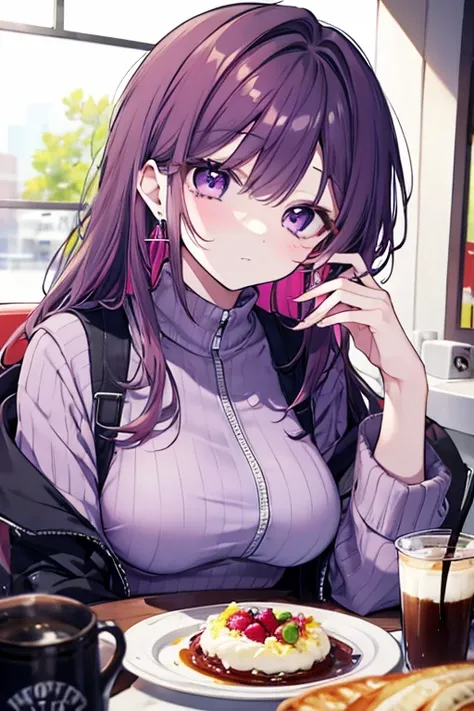  one girl、Mature、Ample breasts、Long Hair、 cropped bangs 、Straight hair color 、 long lashes、dark pink purple hair、 gray half zip、ennui、Earrings、Cafe、Eat a blueberry parfait、coffee