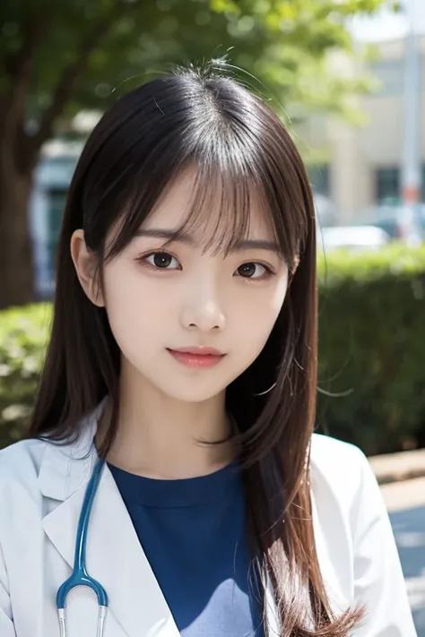  Japanese woman like an idol ,Long Hair , straight hair, Round face , bust up , Medical Center Street, modern medical facilities, state-of-the-art clinics, serene gardens, beautiful woman, healthcare professional, visitor, professional elegance, hope, medi...