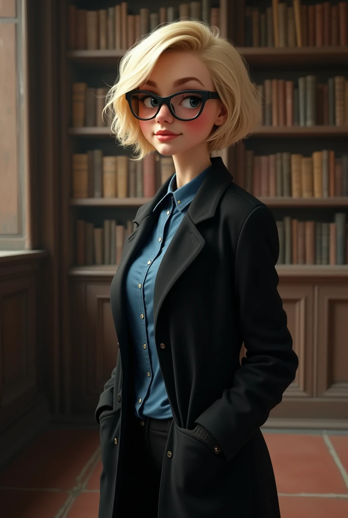 A photorealistic nerdy girl with blonde short hair with black glasses, slightly smiling. She is dressed in a black long coat and a blue shirt and is standing in an old library. She is 20 years old, a little skinny and has medium breasts and a big butt.