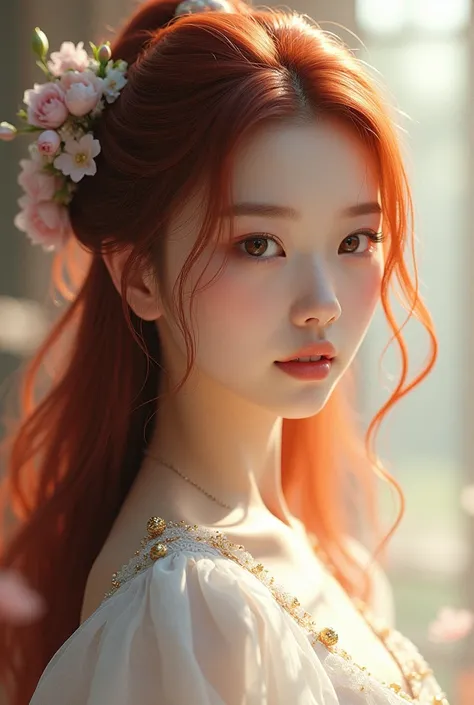 Virtual reality photo Chinese girl Beautiful face, white skin, long red hair, brown eyes, white dress