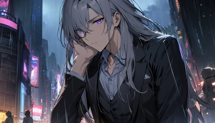 1 male, Gray Hair,  black suit vest ,  purple eyes,  cute adult male , Long Hair,  beautiful men, slim,  wearing a monocle on one eye,  its raining , Night City,  is standing, masterpiece, Staring into the eye ,  beautiful eyes, 4K HD,   super quality 