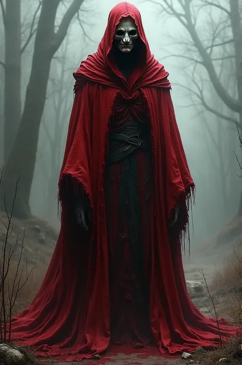 Masked person representing red death wearing bloody robes 