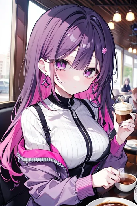  one girl、Mature、Ample breasts、Long Hair、 cropped bangs 、Straight hair color 、 long lashes、dark pink purple hair、 gray half zip、ennui、Earrings、Cafe、Eat a blueberry parfait、coffee