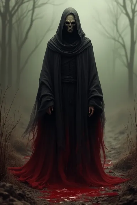 Masked person representing red death wearing bloody robes 