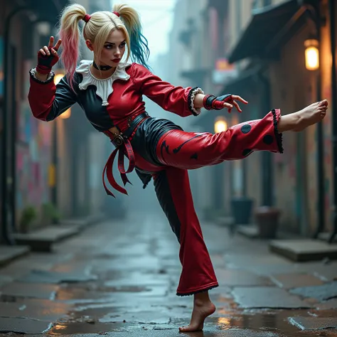 Harley Quinn pieds nus exécute une technique de coup de pied de karaté 