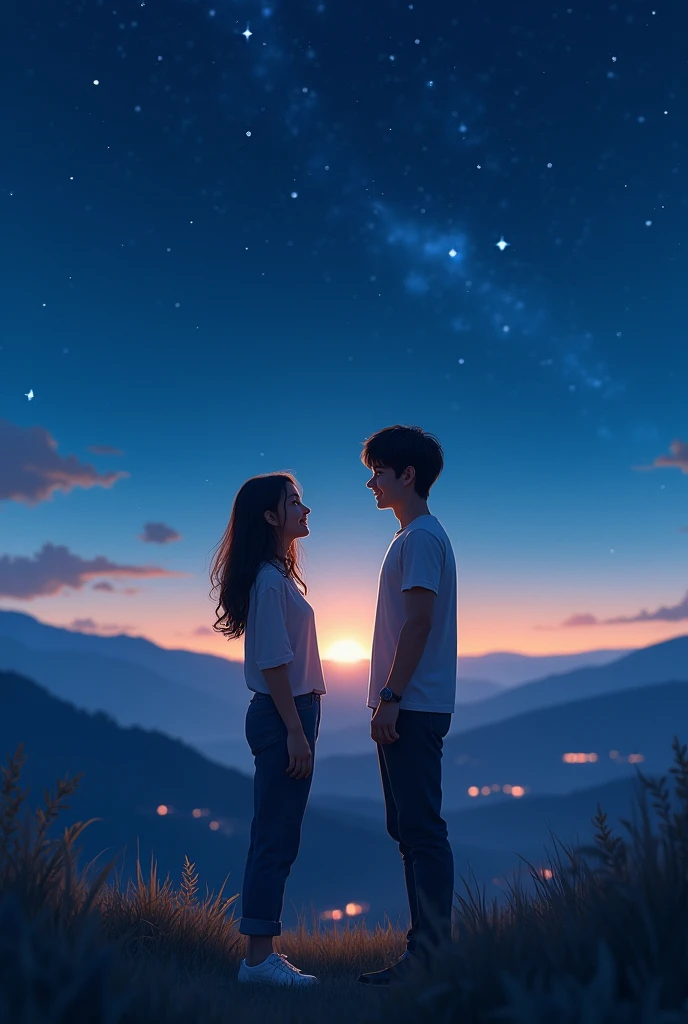 Night view and stars, young couple talking happily