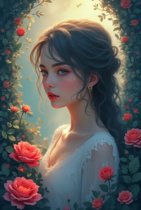 Exquisite details,  surreal atmosphere ,  ethereal beauty,  vibrant colors  ,  soft lighting, fantasy theme , mystical presence, Delicate Foliage ,  a beautiful red rose,  intricate patterns , Dream quality, Captivating gaze,  flat illustration 