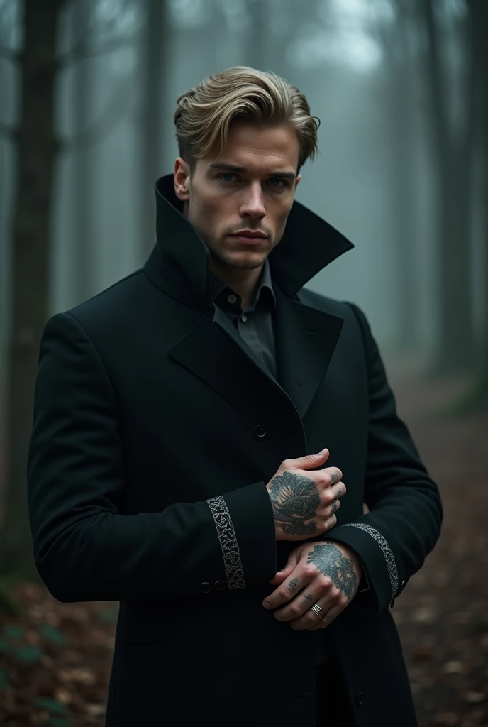 Closer aesthetic portrait, Imagine Victor, a handsome adult man standing in the dim glow of a mist-shrouded forest, gently adjusting his coat sleeve on one arm. The movement reveals the intricate Ouroboros tattoos coiling along his forearm, the design subt...