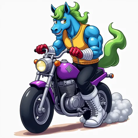  A blue muscular furry horse with a green mane in silver bracelets, In white boots, in black pants, in a yellow zippered sleeveless sweater , wearing red gloves, rides a purple motorcycle on an anime-style savvana