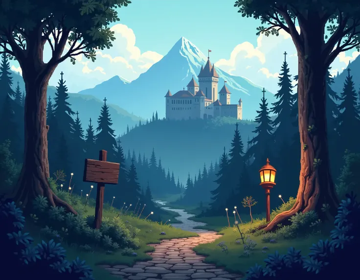 Design a 2D pixel art opening screen for a medieval RPG game. The scene should evoke a rich, immersive RPG world with elements such as a mountainous background and a castle on a distant hill. In the foreground, include a mysterious forest with tall, shadow...