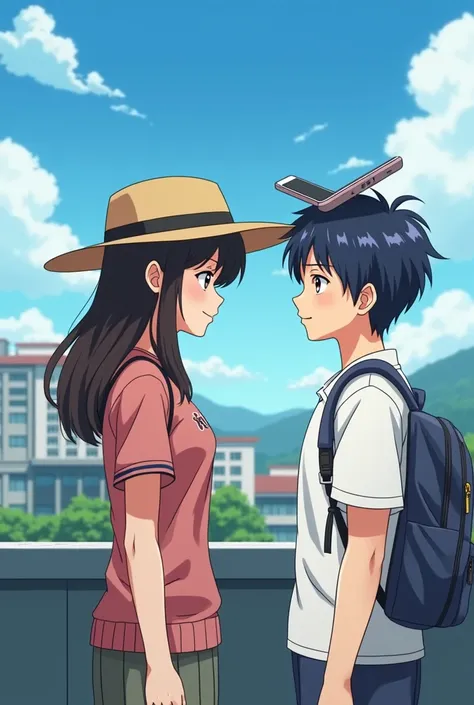 Animate a picture of a mature high school girl wearing a hat on the roof of a school putting a cell phone on the head of a mature high school boy wearing a.