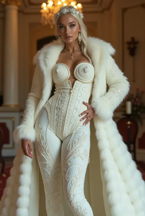  in a white outfit posing in a hotel lobby, sexy,  under the boobs , curvy ass, Big fat ass, intricate costume,  Intricate and detailed fur , intricate clothing, intricate body, intriguing outfit, exceptional detail, tall details on clothing , detailed fur...