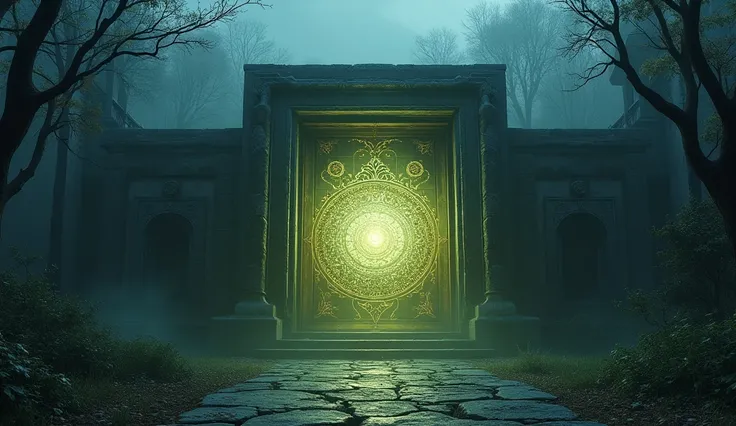 Magical rectangular very big size magical circle door, place on the haunted old royal palace in the forest in the night.