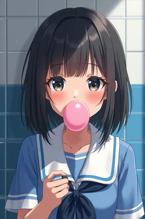 A girl chewing bubble gum in front of bathroom by wearing blue white line uniform shirt