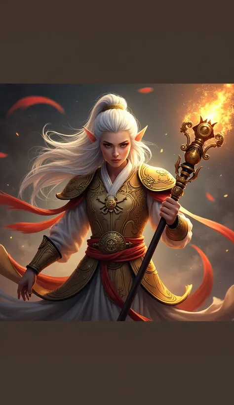  The character in the image is again inspired by Sun Wukong , The young Monkey King from Chinese mythology.  He has an impressive and mystical appearance ,  with fair skin and long, silver hair that flutters in the wind . Your eyes are shining, transmittin...