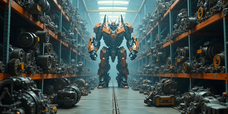 in high quality, 8K ultra HD,  Im watching the world of the movie  "transformer", where everything is technology ,  Im in a robot parts warehouse,  in the background there are a lot of robot parts 
