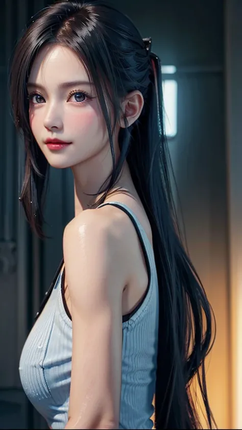 portrait, realistic, elegant mature woman, blue, Black hair, long ponytail hair, Tank top, 4k resolution, high quality cg, beautiful cg, soft light (smile:1.2)
