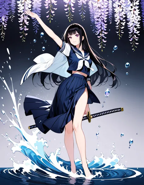 1 girl. a schoolgirl in a sailor suit brandishing a katana sword in front of wisteria flowers, pose. wisteria flower is illustra...