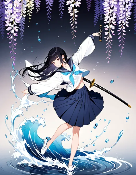 1 girl. a schoolgirl in a sailor suit brandishing a katana sword in front of wisteria flowers, pose. wisteria flower is illustra...