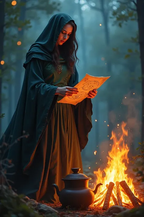 Witch with parchment in her hand on her side a bonfire on the campfire an iron pot resting on the campfire 