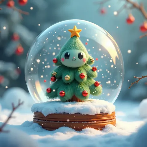 snowglobe, cute little fluffy furry robotic christmas tree creature , happy, , christmas  theme,  3d, anime, , unreal engine, 8k, hd, 