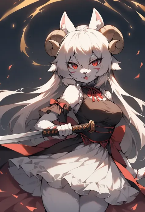 1girl, (furry, kemono:1.3), sheep girl, (sheep horns:1.2), solo, iaidow, weapon, katana, holding sword, ready to draw, sheathed, unsheathing, scabbard, dress, red eyes, long hair, fang, lolita fashion, gothic lolita, masterpiece, best quality, amazing qual...