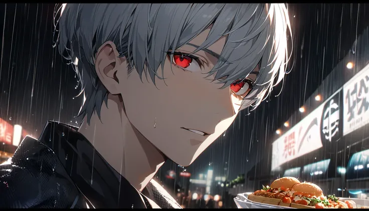 , Best Quality,  Details情報, masterpiece, 1. Boy, kaneki ken,  PORTRAIT, male focus, red eyes, Alone, bangs,  watch viewers, Food,  short hair , rain, Tokyo Tokyo (city), Food, Gray Hair, Luxurious, 8k,   Details,  ray tracing,  Depth of Field ,  Movie Ligh...