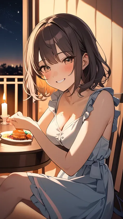 1 girl, ( cute face), smile,  medium hair,  loose fluffy perm,  Pretty Girl Game Dress,  Waist with Ribbon ,  medium chest,  Moist Vibes , 優雅な姿勢  
break, Balcony at night, (Warm Light:1.2),  Romantic Atmosphere ,  
break, Starry sky,  Candlelight , Heartwa...