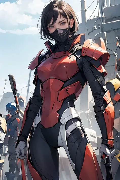 score_9, score_8_up, score_7_up, score_6_up, score_5_up,masterpiece,best quality,masterpiece,  (masterpiece:1.2, high quality),(( Ultra-realistic details )),(Female Soldier), plug suit with armor,(Shoulder armor, arm armor, elbow armor, knee armor), ( Blac...