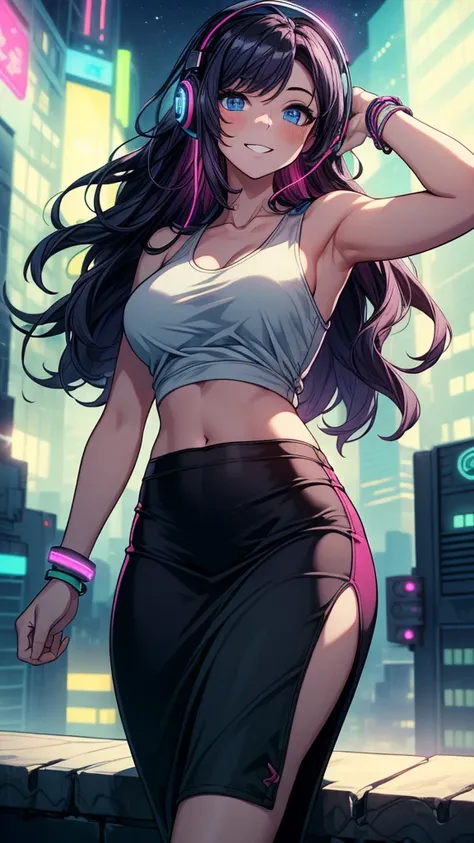 (masterpiece, best quality, high detail),  beautiful woman, smile, bright blue eyes, solo focus, (long wavy hair), (dark purple hair), (tank top), (headphones), (black midi pencil skirt), slim body, midriff, wide hips, lower body, bracelets, (neon lights),...