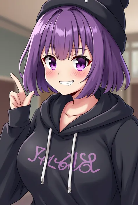 Uzi Doorman, solo, dress, robot, evil_smirk, purple hair, smile, female ,looking at viewer, purple eyes, smug, portrait, parody, blush, bangs, grin, smirk, blurry background, half-closed eyes, medium hair, indoors, short hair, blurry, black beanie, parted ...